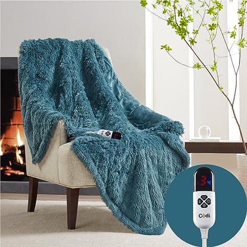 Codi Fuzzy Shaggy Fur Electric Blanket Throw | Teal 50x60 | Super Soft Couch Heated Throws | 6 Heating Levels & 4 Time Settings with Auto Shut Off, 6ft Power Cord | Washable