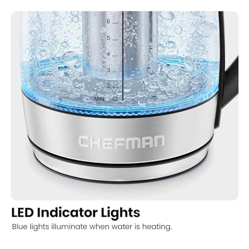 Chefman Electric Kettle for Boiling Water, 1.8L 1500W, Removable Tea Infuser, Auto Shut Off, Boil-Dry Protection, BPA Free, Borosilicate Glass, Hot Water Boiler, Electric Tea Kettle - Stainless Steel 6