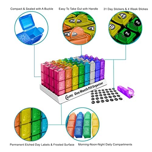 CAidRE Monthly Pill Organizer 31 Day 3 Times a Day – One Month Pill Box for Medications, Fish Oil, Vitamins & Supplements – 30 Day Daily Pill Case Organizer 5