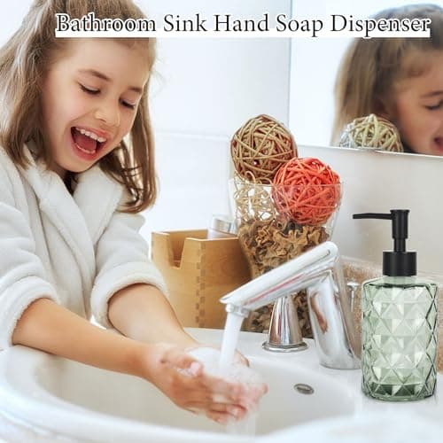 YCWF Green Glass Soap Dispenser Set with Pump,2 Pack/12 OZ Liquid Hand Soap Dispenser,Refillable Lotion & Dish Soap Dispenser for Kitchen and Bathroom(Light Dark Green) 6