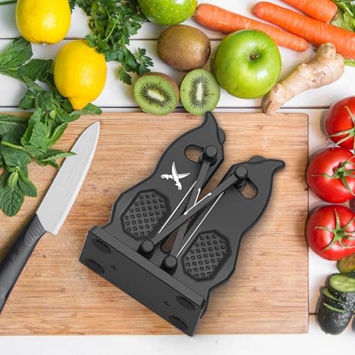 XARILK Edge Kitchen Knife Sharpener – Pull-Through Manual Sharpener with Spring Arms – Tungsten Carbide, Self-Adjusting Angle, Fast Edge Repair for Kitchen, Outdoor, and EDC Knives (Black) 7