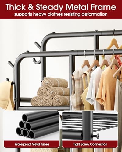 Sakugi Clothes Rack - Double-Rod Clothing Rack with Built-In Hooks & Shelves, Multi-Functional Wardrobe Closet for Bedroom, Living Room, Entryway, 41.3" x 15.3" x 59.8", Black 5