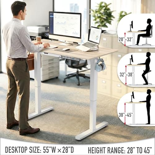 SHW 55 x 28 Inches Electric Height Adjustable Standing Desk with Drawer and Memory Preset, Maple 6
