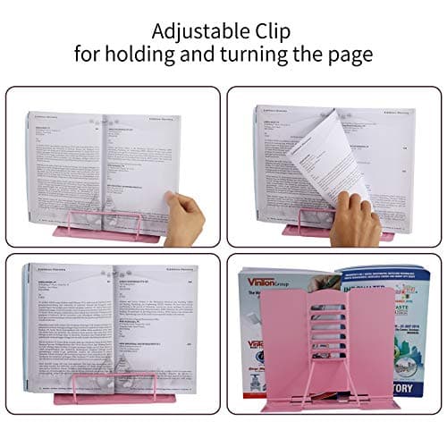 Blizzow Desk Book Stand Holder - Hands Free, Adjustable Metal Stand, Foldable Portable Bookstand - Cookbook, Recipe, Tablet, Music, Documents (Pink) 5