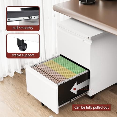 RAVIGIN 2 Drawer File Cabinet，Mobile Filing Cabinet with Lock and Wheels，Fully Assembled Metal Under Desk File Cabinets for A4/Letter/Legal Size（White 7