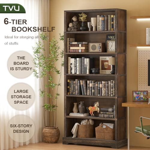TVU 6-Tier Wooden Book Shelf, Floor-Standing Display Bookcase, 77.2" H x 31.5" W x 11" D Bookshelf, Farmhouse Style Book Case with Arched Base, Suitable for Living Room, Study, Office, Rustic Brown 5