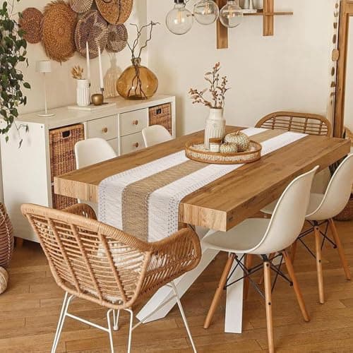 yuboo Boho Coffee Table Runner 48 Inch, Spring Farmhouse Burlap Dresser Runner Scarf, Rustic Macrame Runner for Round Table, TV Stand, Entryway Console, Neutral Easter Decor 9