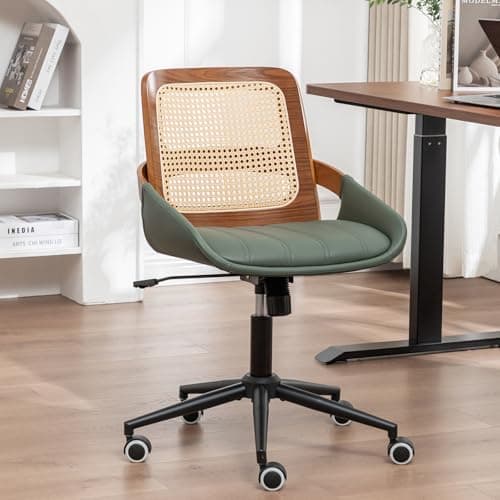 Home Office Desk Chair with Ergonomic Rattan Backrest, Walnut Crafts, Curved Arms, Faux Leather, Caster Wheels, Height Adjustable, Computer Chair for Desk Work, Executive Task, Conference Room - Green