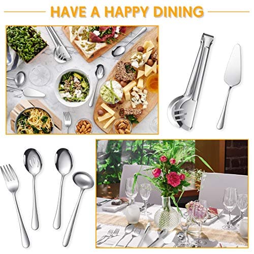 Patelai Serving Utensils Set Include Stainless Steel Large Spoons Slotted Spoons Forks Tongs Soup Ladle and Pie Server for Parties Buffet Catering, Dishwasher Safe(Silver,10 Pieces) 5