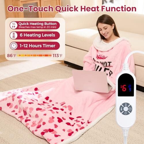 Wearable Heated Blanket for Women, Unique Christmas Birthday Gift for Wife, Electric Throw Blanket with Sleeves, Foot Pocket, Heated Robe for Mom, 3 Heat-Level & Timer, ETL Safe, Spoiled Wife, Pink 5
