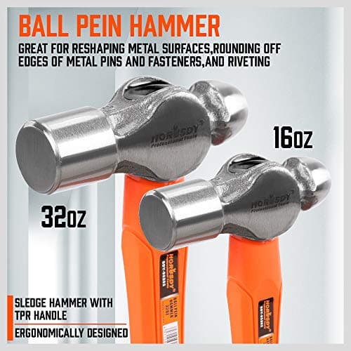 HORUSDY 5-Piece Hammer Set, 16oz and 32oz Ball Pein Hammers, 32oz Rubber Mallet, 3lb Sledge, 3lb Cross Peen Hammer 6