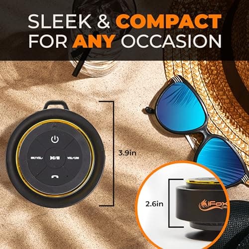 iFox Portable Bluetooth Shower Speaker, IPX7 Waterproof Outdoor Wireless Speaker, Built-in Mic, Carabiner, Beach, Camping, Hiking, Pool, Great Gift, Black/Gold 7