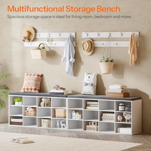 HOOBRO Shoe Storage Bench with Cushion, 39.4" L Entryway Bench with 12 Cubbies, Entryway Hall Tree with Storage, Cubby Shoe Rack Bench with Coat Rack for Hallway, Holds up to 330 lb, White WT112HX01 5