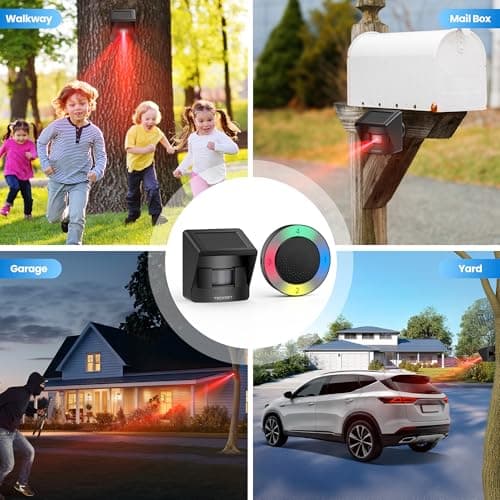 TECKNET Solar Wireless Driveway Alarm with 2600FT Long Range & 36 Melodies & 5 Volumes and Supports 4 Zones Weatherproof Motion Sensor Alarm to Protect Inside/Outside Property (1 Receiver 1 Sensor) 6
