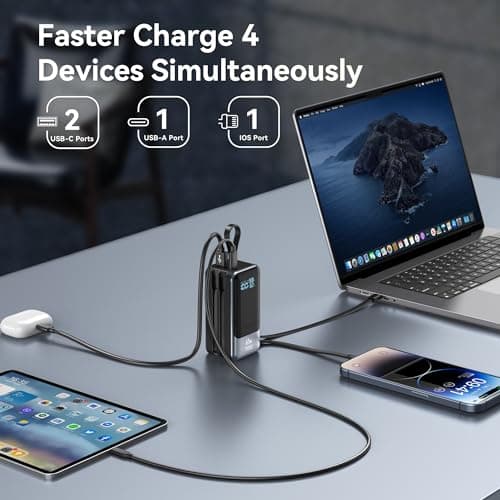 Fast Charging Power Bank 18400mAh 65W Portable Laptop Charger, LED Display, Travel Essential Battery Pack with Built-in USB-C & Lightning Cables for iPhone 16/15/14/13/12 MacBook Samsung 6