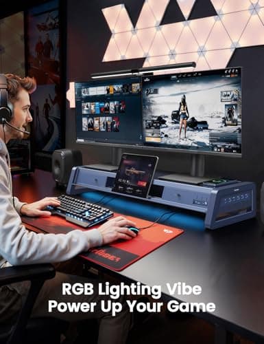 Vaydeer All-in-One Dual Monitor Stand Riser with 2 Drawers, 8USB Ports and Wireless Charging Pad with LED Light Strip for 2 Monitors , Desk Organizer for PC, iMac (Metal, 39.3 inches) 7