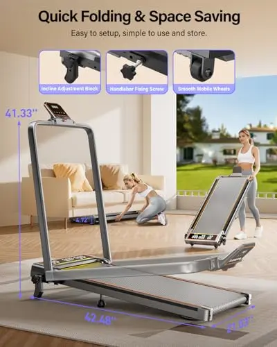 Walking Pad Treadmill with 12% Incline & Dual LED Display, 4 in 1 Walking Pad with Handle Bar, 3.5HP Foldable Under Desk Treadmill, Portable Treadmills for Home 350LBS, 4 Adjustable Incline, RGB Light 7