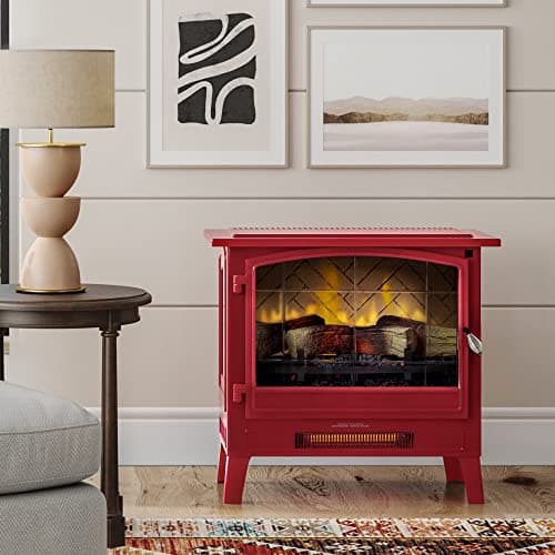 Country Living Infrared Freestanding Electric Fireplace Stove Heater in Deep Red | Provides Supplemental Zone Heat with Remote, Multiple Flame Colors, Metal Design with Faux Wooden Logs 8