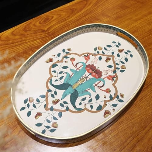 Omuriko Oval Plastic Serving Tray with Handles, Elegant Decorative Tray for Coffee Table, Ottoman, Living Room, Kitchen, Outdoor Use. 10"*16"*1.4" A 5