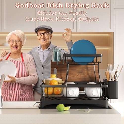 Godboat Dish Drying Rack, 2-Tier Dish Rack with Auto-Drain & Mat, Dish Racks for Kitchen Counter, Dish Drainer with Knife, Fork & Cup Rack, Gifts for Women, Mothers Day, Cool Stuff & Kitchen Gadgets 7