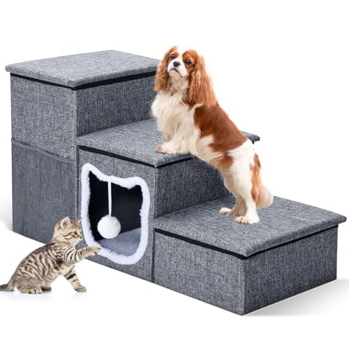 Bilibrara Dog Stairs for Small Dogs, Foldable Pet Steps for High Bed, Non-Slip 3-Step Cat Stairs with Storage, Condo and Fluffy Ball, Large Dog Indoor Ramp for Couch Window