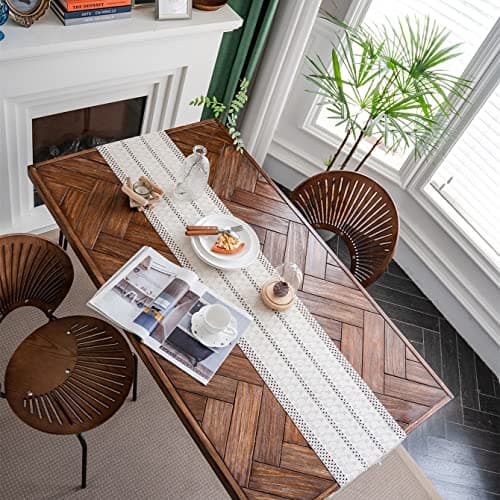 Alynsehom Macrame Table Runner Cream Beige Boho Table Runners with Tassels Hand Woven Cotton Table Runner Rustic Farmhouse Table Runners for Bohemian Kitchen Dining Table(12x71in) 6