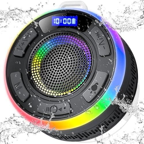Bluetooth Shower Speaker, Portable Wireless Speakers IP7 Waterproof with Suction Cup and Time Display, BT5.3 Dynamic LED Lights and Dual Stereo Pairing, 1100mAh Bathroom Speaker for Home/Party/Outdoor