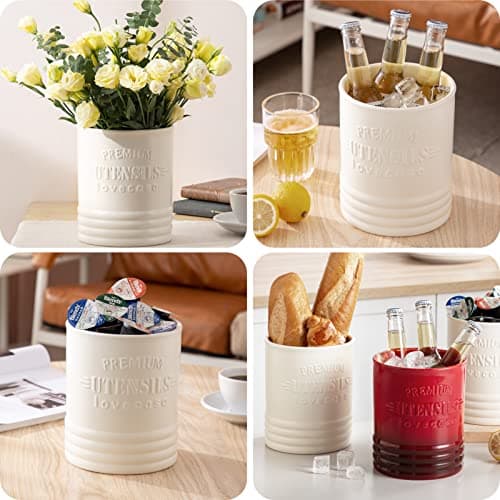 LOVECASA Vintage Utensil Holder for Kitchen Countertop, 7.2” Large Ceramic Utensil Crock for Home Décor, Farmhouse Utensil Vase for Housewarming, Wedding, Birthday Gift - Cream White 6