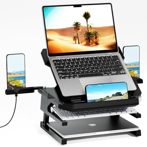 OImaster Laptop Stand for Desk, Phone Stand, Extended Laptops Riser, Elevator, 3 Height Adjustable, Rotatable Base, 10-17 Inches
