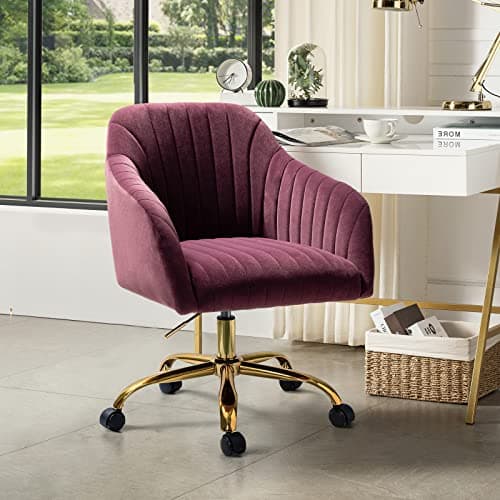 HULALA HOME Velvet Home Office Desk Chair, Modern Cute Computer Task Chair, Wheels Swivel Height Adjustable Upholstered Vanity Chair for Women, Girls (Gold Base, Purple)