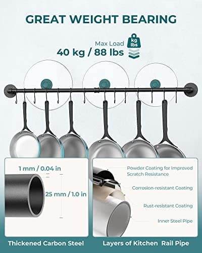 OROPY 38 inch Pot Bar Rack Wall Mounted Detachable Pans Hanging Rail Kitchen Lids Utensils Hanger with 14 S Hooks Black 5