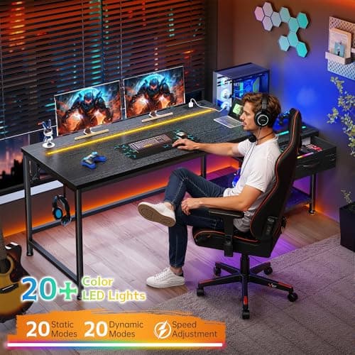 DurayLoly 56 Inch Gaming Desk with Drawers and Shelf,Reversible Computer Desk with LED Lights and Power Outlets,Study Table with Hooks for Headphone,Bags,Black Desk Work Desk for Bedroom,Dorm 7