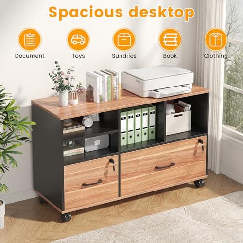 Nosepen 2 Drawer Wood Mobile Large Lateral File Cabinet with Lock, Lockable Rolling Filing Cabinet with Storage Shelves, Printer Stand Office Storage Cabinet for Home Office Fits Files Legal/A4 6