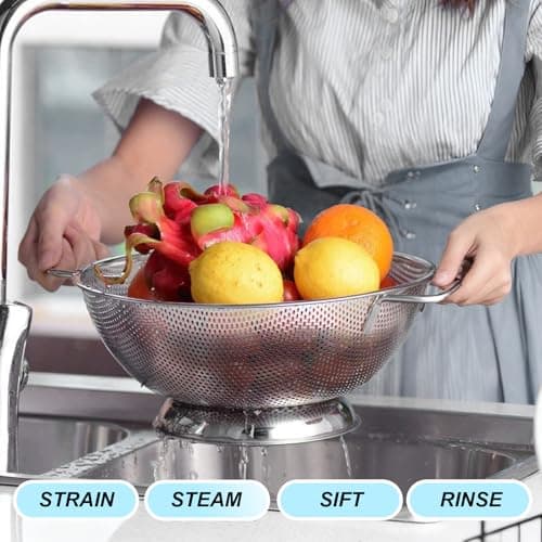 JIDSPWLS 304 Stainless Steel Colander, Micro-Perforated 3-Quart Strainer with Base, Dishwasher Safe. Great for Pasta, Noodles, Vegetables & Fruits 5