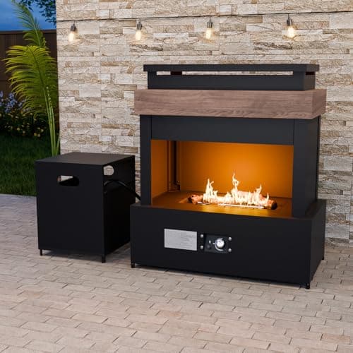 COOS BAY Outdoor Propane Fireplace, 50,000 BTU Adjustable Gas Fire Pit with Tank Storage, Smokeless Ceramic Log Chiminea Patio Heater, 35.4"x22"x40.6", Gray/Tan