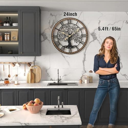 Micasso Farmhouse Large Wall Clock: 24Inch Rustic Tree of Life Metal with Wood Frame - Vintage Battery Operated Wall Clocks for Living Room/Office/Bedroom - Home Decor for Fashion-Conscious 8
