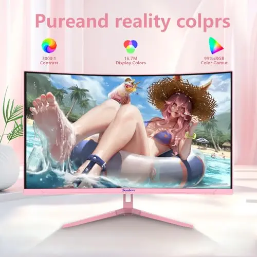 Sealan Pink 27 inch Curved Gaming Monitor 2K 165Hz, QHD 1440P,1800R LED Display,Pink Computer Monitor,1ms (MPRT),FreeSync,Eye-Care Technology, DP, HDMI Port for Gaming Home Office,VESA(75mm*75mm) 2