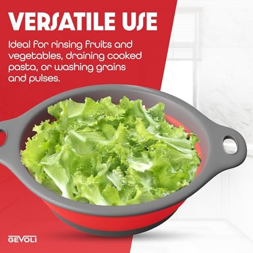 Gevoli Strainer with Self-Draining Base (5QT) Over-Sink Collapsible Kitchen Colander Set with Side-drain Base for Pasta Vegetables and Fruit, XL Large Capacity, Dishwasher Safe (5-Quart) Red/Gray 6