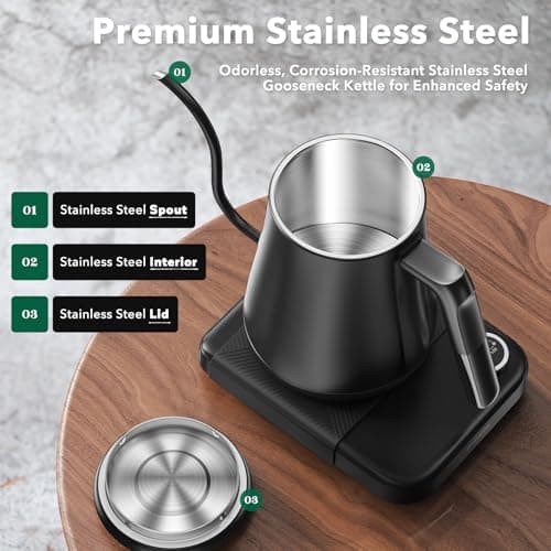 Gooseneck Electric Kettle HIYAKOI with ±1℉ Temperature Control, Pour Over Kettle for Coffee & Tea, 1200W Rapid Heating, Stainless Steel Water Boiler with 12H Keep Warm & Built-in Timer, 0.8L/27oz 7
