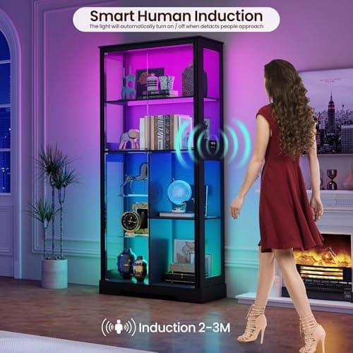 71” Glass Display Cabinet with RGB Light - Curio Cabinet with Glass Doors for Collectibles, 7-Tiers Tall Display Case with Human Sensor, Showcase with Removable Shelves for Figures, Lego (Black) 6