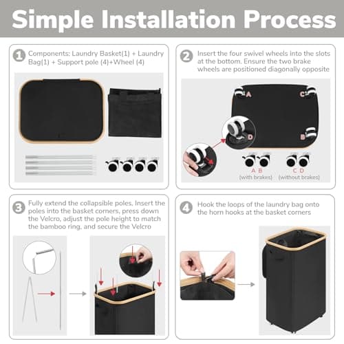 Goodpick Laundry Basket with Wheels, 100L Rolling Laundry Hamper with Lid Clothes Hampers with Removable Wash Bag Large Clothes Basket for Bedroom, Bathroom, Black 6