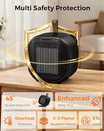 Electactic Portable Ceramic Space Heater w/Thermostat, 1500W Indoor Electric Space Heater Fan with Overheat and Tip-Over Protection, Heat Up 200 Square Feet for Office Room Dorm Use, Black 6