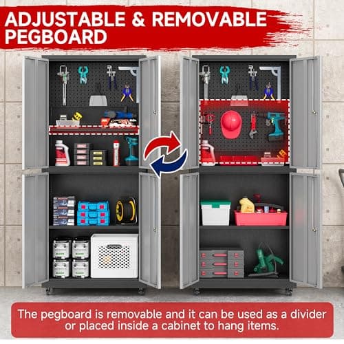 Bestoo Metal Storage Cabinet with Wheels, Steel Garage Cabinet with Lock Door and Adjustable Shelves, Tall Tool Storage for Home, Garage, Pantry (Black+Gray) 6