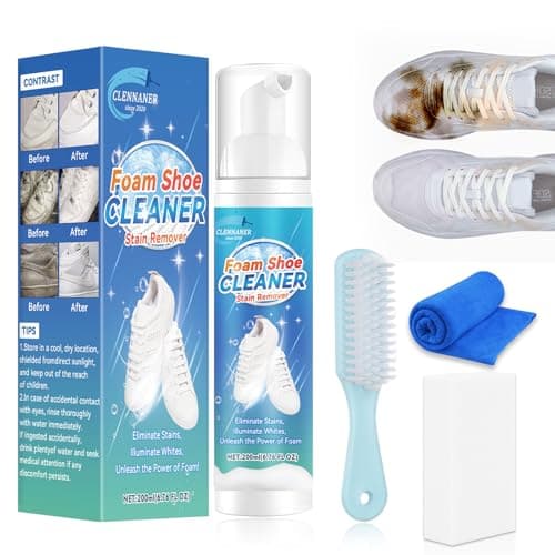 White Shoe Cleaner, 6.76 Oz Shoe Cleaning Kit Removes Dirt and Stains, Sneaker Cleaner with Brush and Towel, Sneaker Cleaning Kit Works on Leather, Knit, Boots, Canvas, Suede, PU, and Fabric.