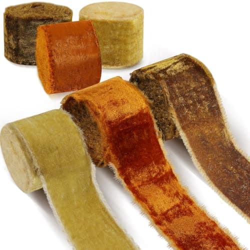 3 Roll Christmas Silk Velvet Vintage Wrapping Ribbon, Raw Edge Fringe Ribbon for Xmas Bow Wreath Wrapping Floral Bouquets - 9 Yards (Apricot, Khaki, Brown, 2'' Width)