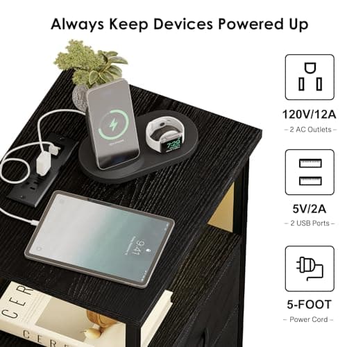 Fixwal Night Stand with Charging Station, LED Nightstand with U-S-B Ports and Outlets, 2 Fabric Storage Drawers with PU Finish, Small Bedside Table, Black 5