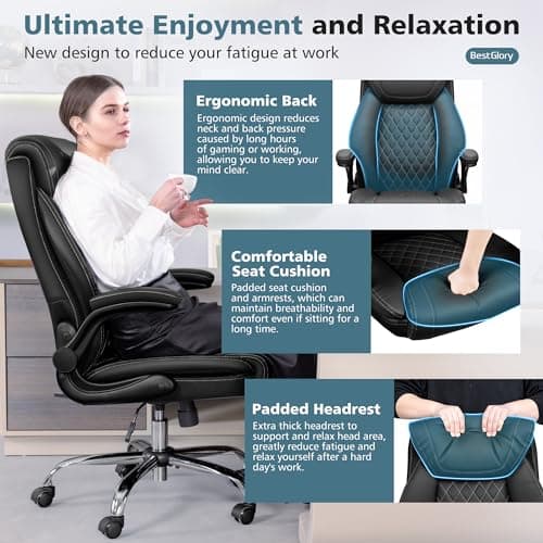 BestGlory Office Chair, Ergonomic High Back Home Office Desk Chair, Big and Tall Breathable Leather Office Chair with Lumbar Support Flip-Up Armrests, Computer Gaming Chair with Rocking Function 4