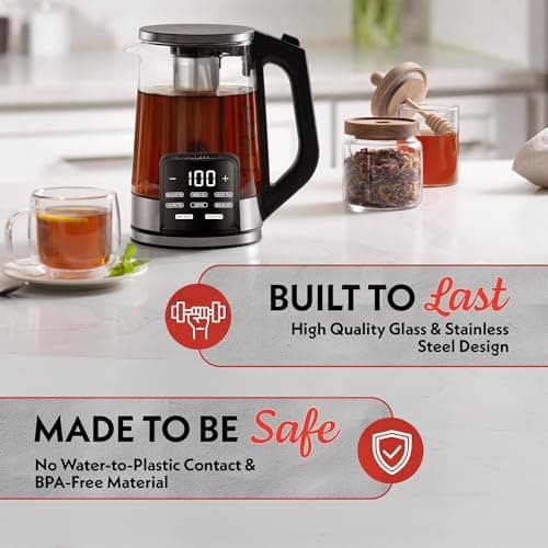 Gourmia Electric Glass Kettle – 1.7L Programmable Tea & Coffee Brewer with Digital Touch Display, 6 Presets, Removable Stainless Steel Infuser, Cordless with 360° Swivel Base, Green 8