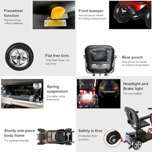 PENGJIE Electric Mobility Scooter for Adults Wheelchair Device for Travel, Elderly, 300 lbs Max Weight, 4-Wheel Powered Mobility Scooters for Seniors wiht Two Baskets (M1-Rose 1) 6