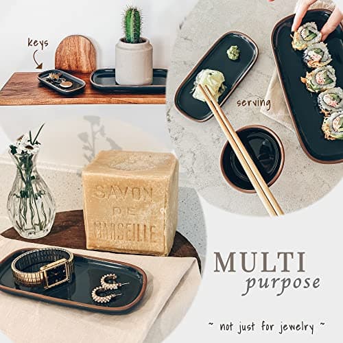 Mora Ceramic Decorative Tray - Rectangle 6.4in Dish for Jewelry, Perfume, Makeup, Accessories, Candle, in The Bathroom Vanity, Bedside, or Kitchen Counter. Cute Organizers - Black 5